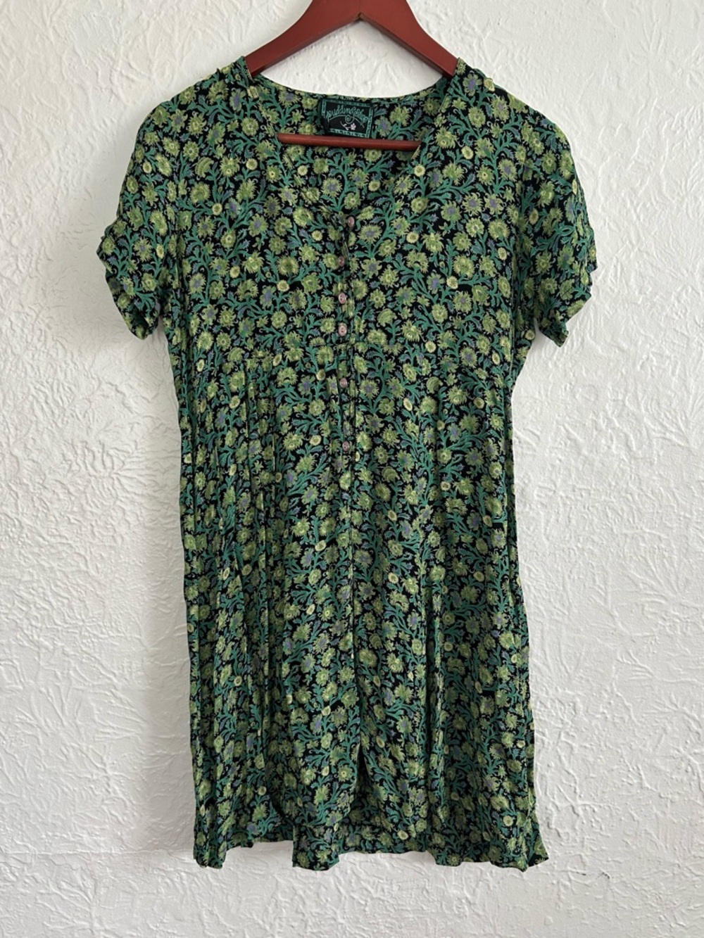 Vintage Pudding Shop Cottagecore Green Floral Short-Sleeve Tunic Dress